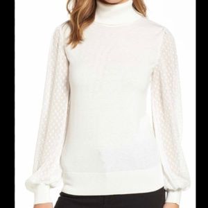 Halogen: Cream Turtleneck with sheer polkadot sleeves XL